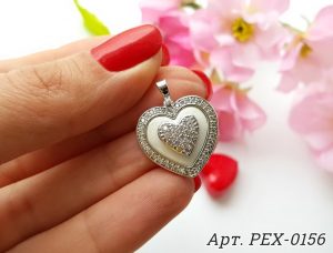 Кулон сердце родированный с белой керамической вставкой