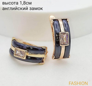 Серьги с черной керамикой и фианитами E-4113