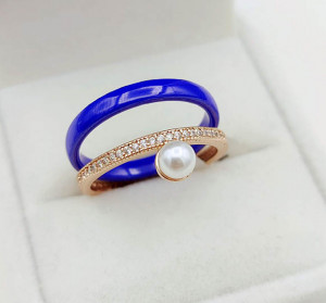 Кольцо позолоченное с жемчугом и керамикой R-0682-g-blue