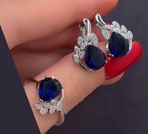 Комплект родированной бижутерии с фианитами ER-930-s-dblue