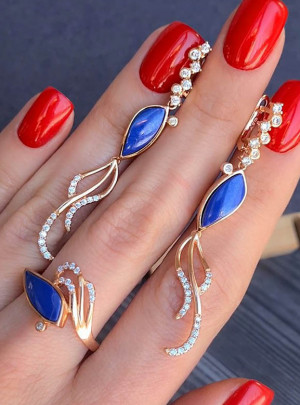 Комплект позолоченных украшений с цветной керамикой CKR-111-g-blue