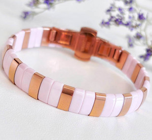 Браслет позолоченный с розовой керамикой BRAS-548-g-rose-18.5cm-10mm