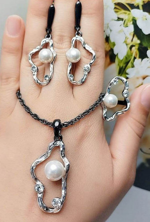 Комплект родированной стильной бижутерии ERP-0070-bs-perl