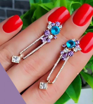 Серьги с разноцветными фианитами E-6028