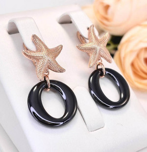 Серьги позолоченные стильные с керамикой E-6474-g-black