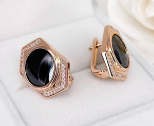 Серьги с черной керамикой и фианитами E-6475-g-black