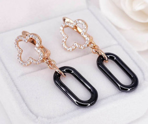 Серьги с черной керамикой  и фианитами E-6477-g-black