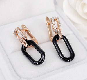 Серьги позолоченные с керамикой и фианитами E-6478-g-black