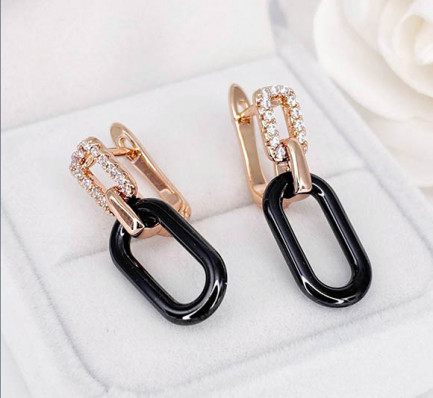 Серьги позолоченные с керамикой и фианитами E-6478-g-black