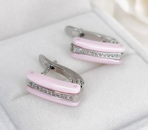 Серьги с розовой керамикой и фианитами E-6546-s-rose