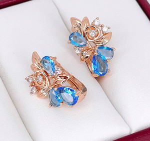 Серьги цветные с фианитами  E-6564-g-blue