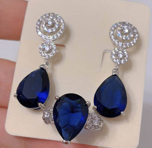 Комплект бижутерии с цветными фианитами ER-1829-s-dblue