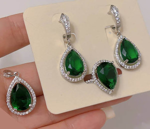 Комплект родированных украшений с фианитами ERP-0097-s-green