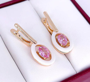 Серьги c белой керамикой и цветными фианитами E-5400-g-rose