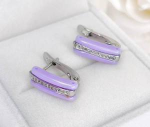 Серьги родированные с цветной керамикой E-6546-s-fiol