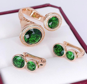 Набор стильных фианитовых украшений ER-1845-g-green