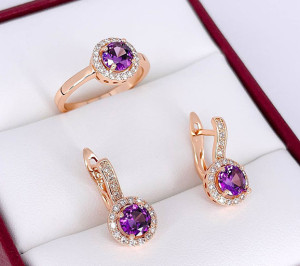 Комплект позолоченных фианитовых украшений ER-1861-g-fiol