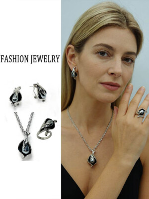 Набор украшений с вставкой под черный жемчуг ERP-0049-s-perlblack