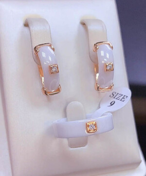 Комплект стильной бижутерии с керамикой и фианитами CKR-186-g-white