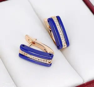 Серьги позолоченные с цветной керамикой E-6546-g-blue