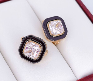 Серьги с черной керамикой и фианитами E-6725