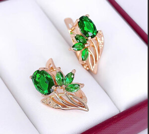 Серьги фианитовые  с позолотой E-313-g-green