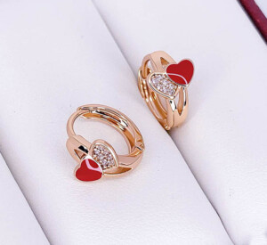 Серьги позолоченные с фианитами и эмалью E-6743-g-red