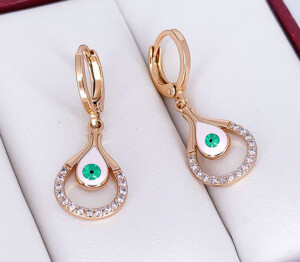 Серьги позолоченные с фианитами  и эмалью E-6760-g-green