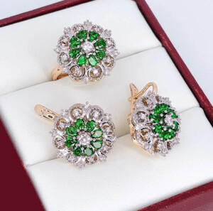 Комплект позолоченной цветной бижутерии ER-1799-gs-green