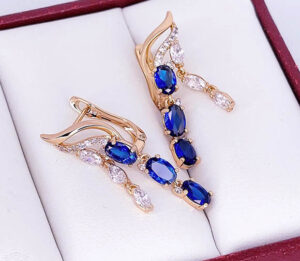 Серьги позолоченные с фианитами E-6433-g-dblue
