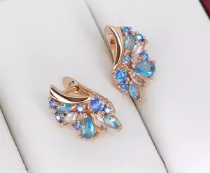 Серьги позолоченные с цветными фианитами E-6803-g-blue